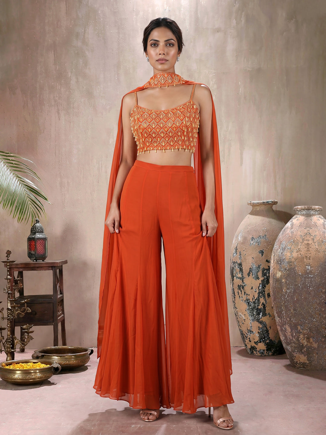 Orange Tassel Blouse with Sharara Pants and Choker Dupatta