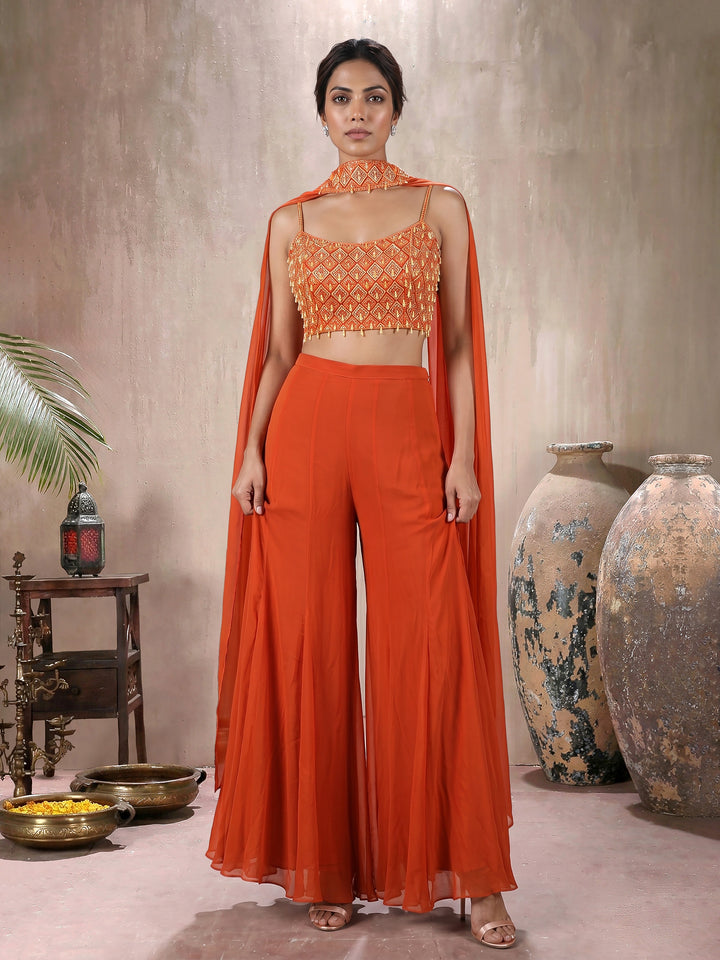 Orange Tassel Blouse with Sharara Pants and Choker Dupatta