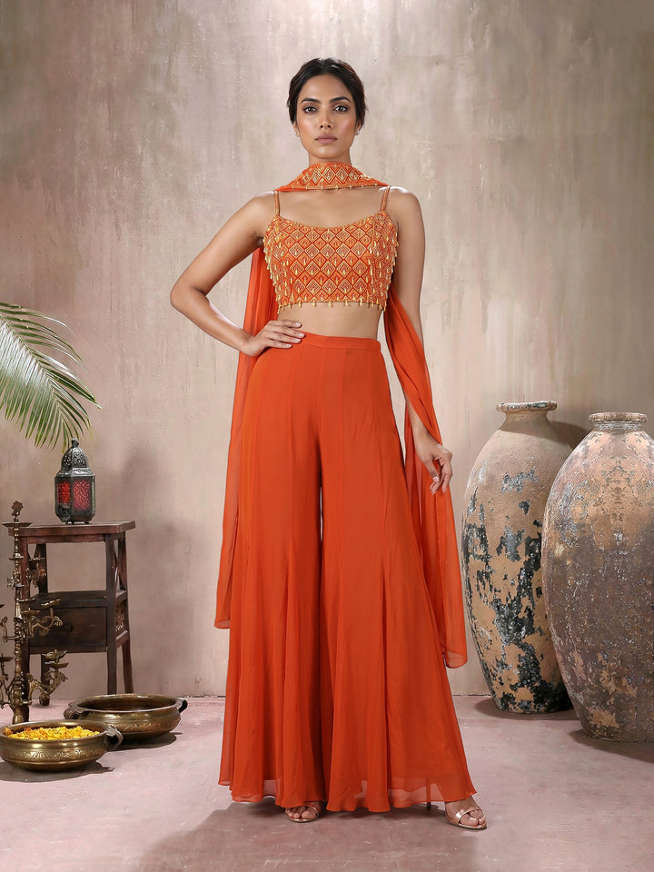 Orange Tassel Blouse with Sharara Pants and Choker Dupatta