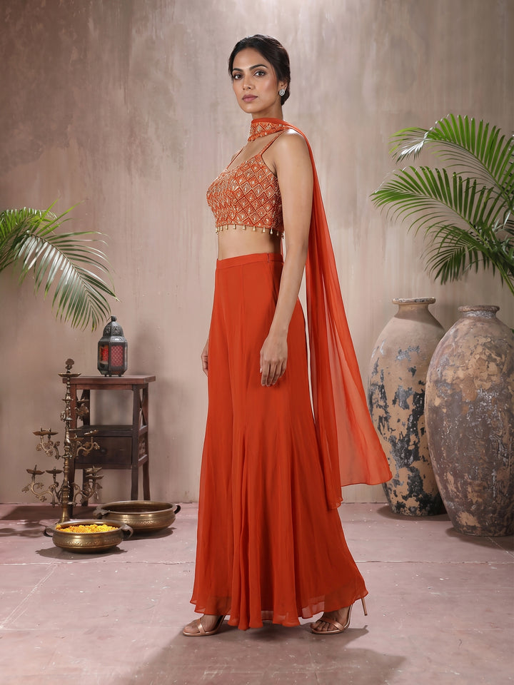 Orange Tassel Blouse with Sharara Pants and Choker Dupatta