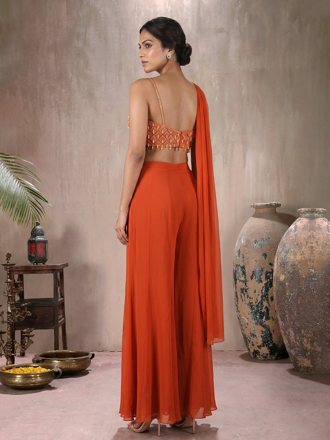 Orange Tassel Blouse with Sharara Pants and Choker Dupatta