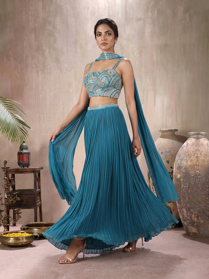 Teal Hand Embroidered Gathered Skirt Set with Choker Dupatta
