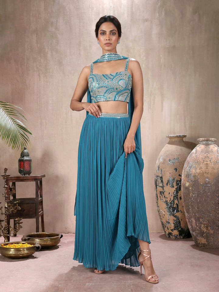 Teal Hand Embroidered Gathered Skirt Set with Choker Dupatta