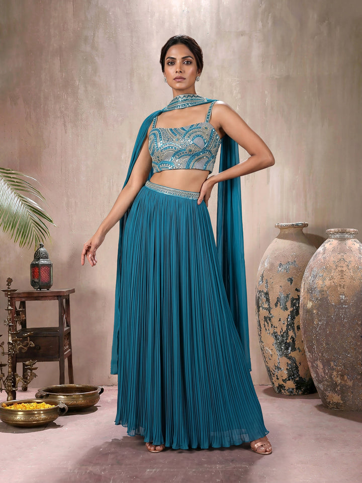 Teal Hand Embroidered Gathered Skirt Set with Choker Dupatta