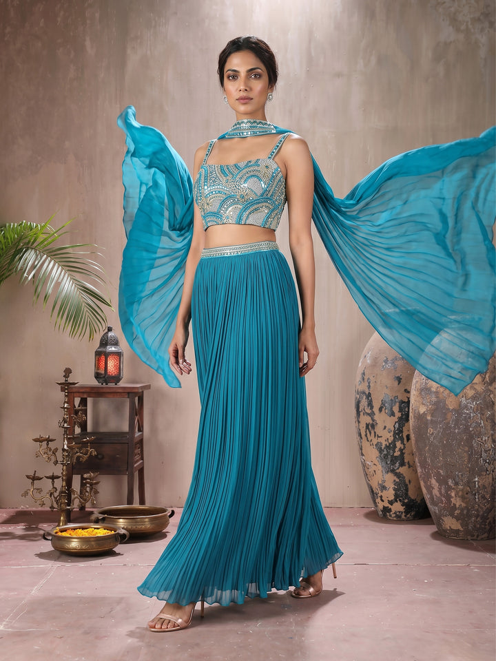 Teal Hand Embroidered Gathered Skirt Set with Choker Dupatta