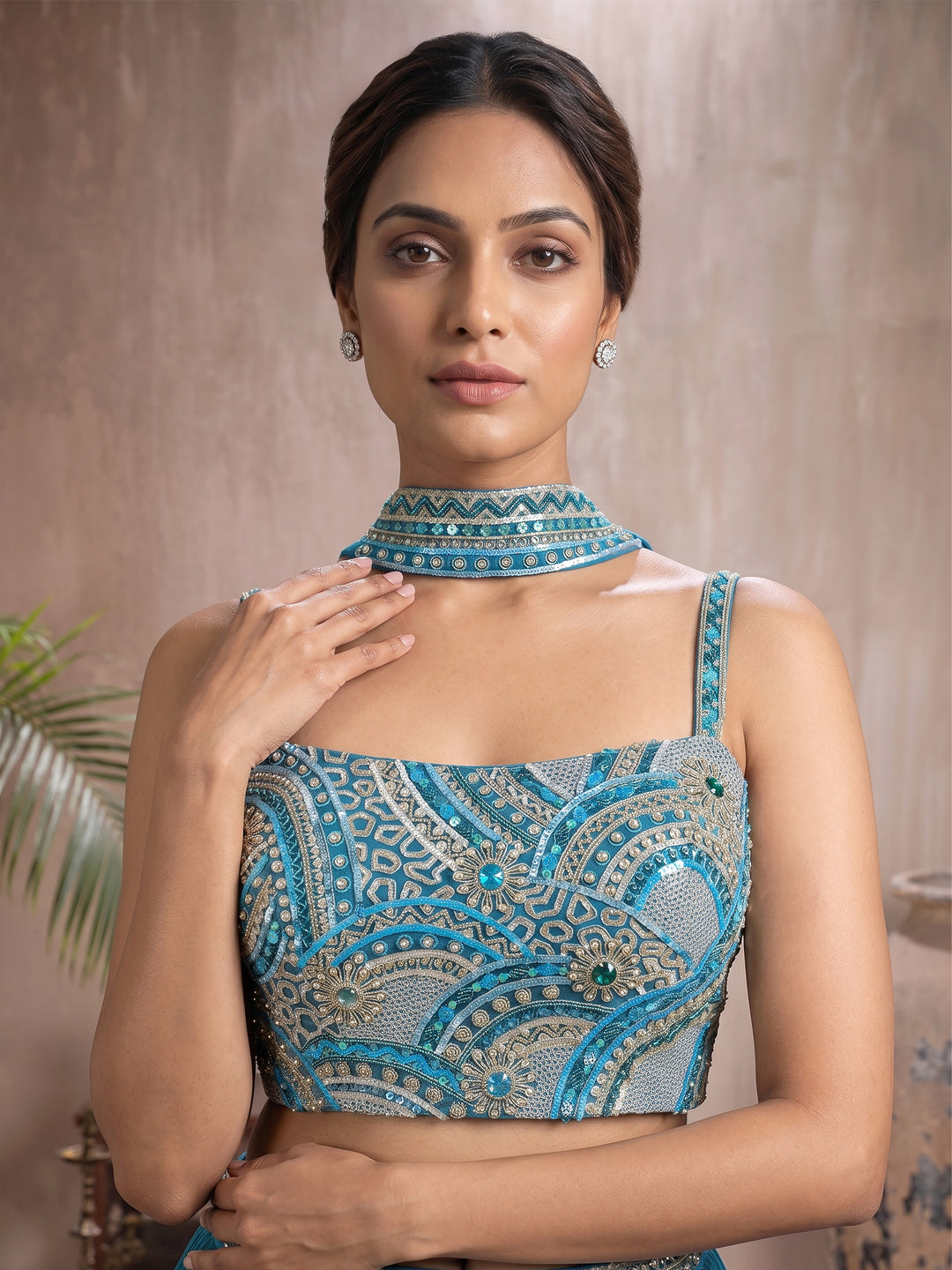 Teal Hand Embroidered Gathered Skirt Set with Choker Dupatta