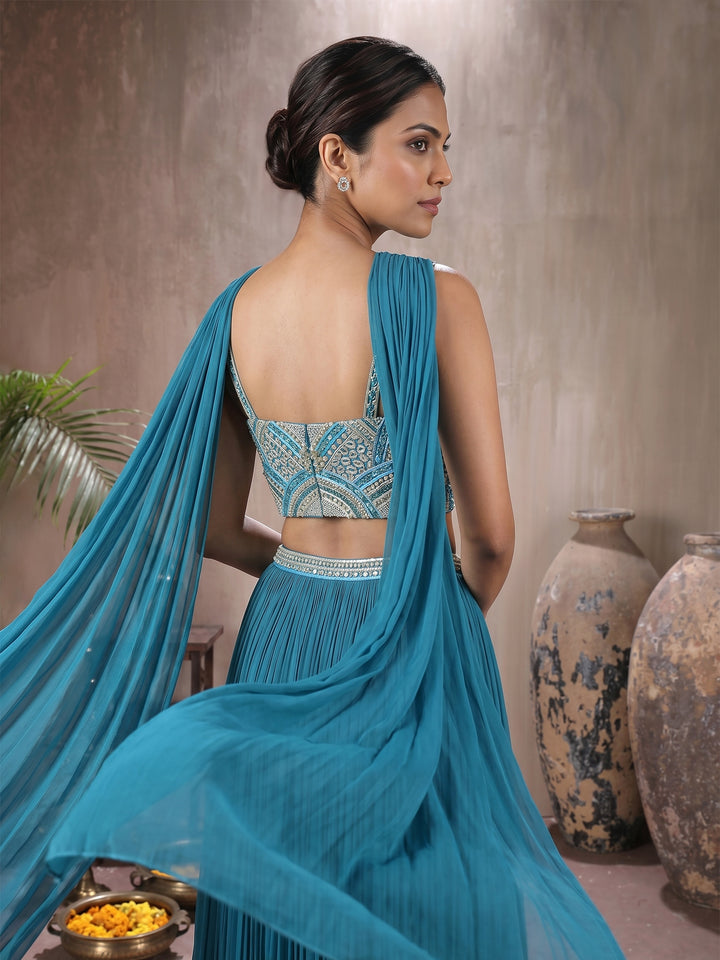 Teal Hand Embroidered Gathered Skirt Set with Choker Dupatta