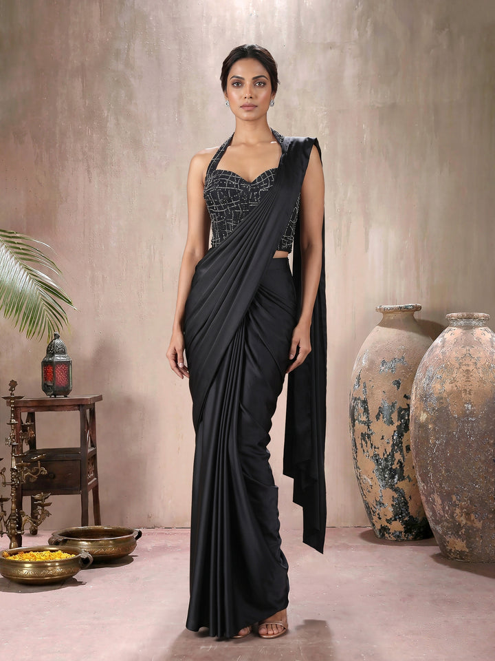 Black Halter Blouse with Drape Saree