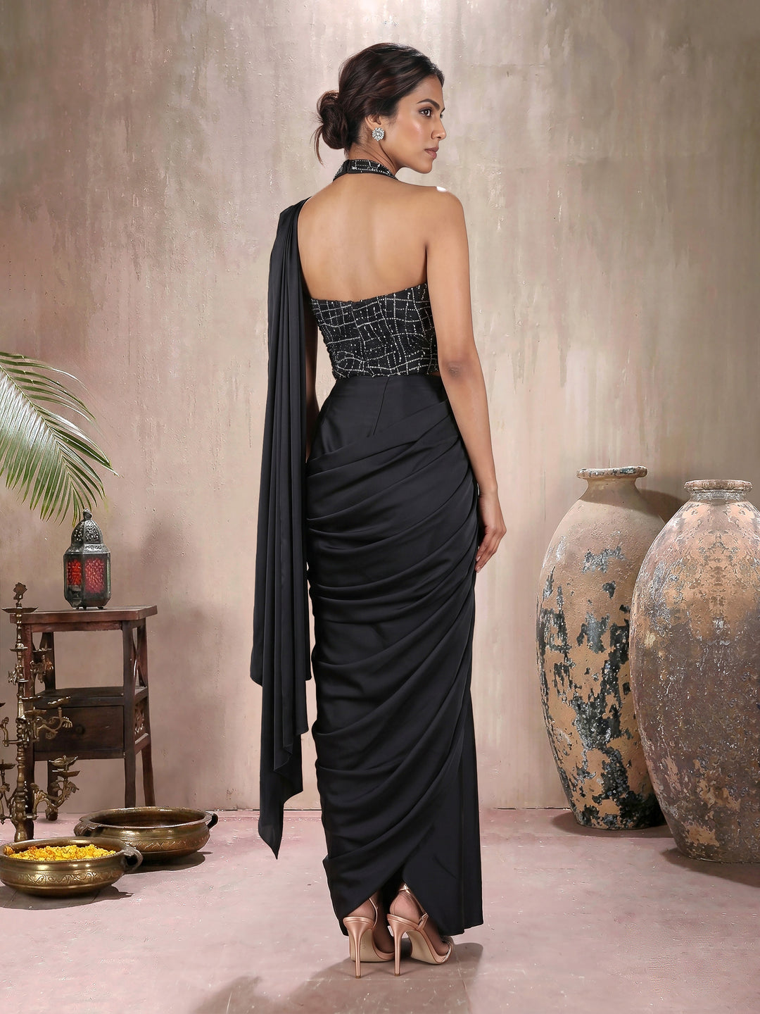 Black Halter Blouse with Drape Saree