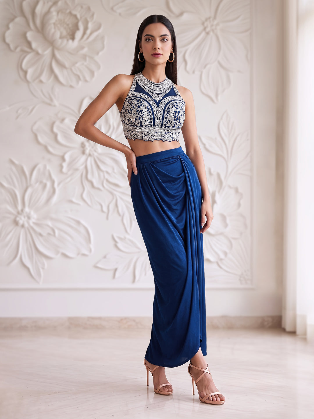 Navy Blue Blouse with Lycra Skirt