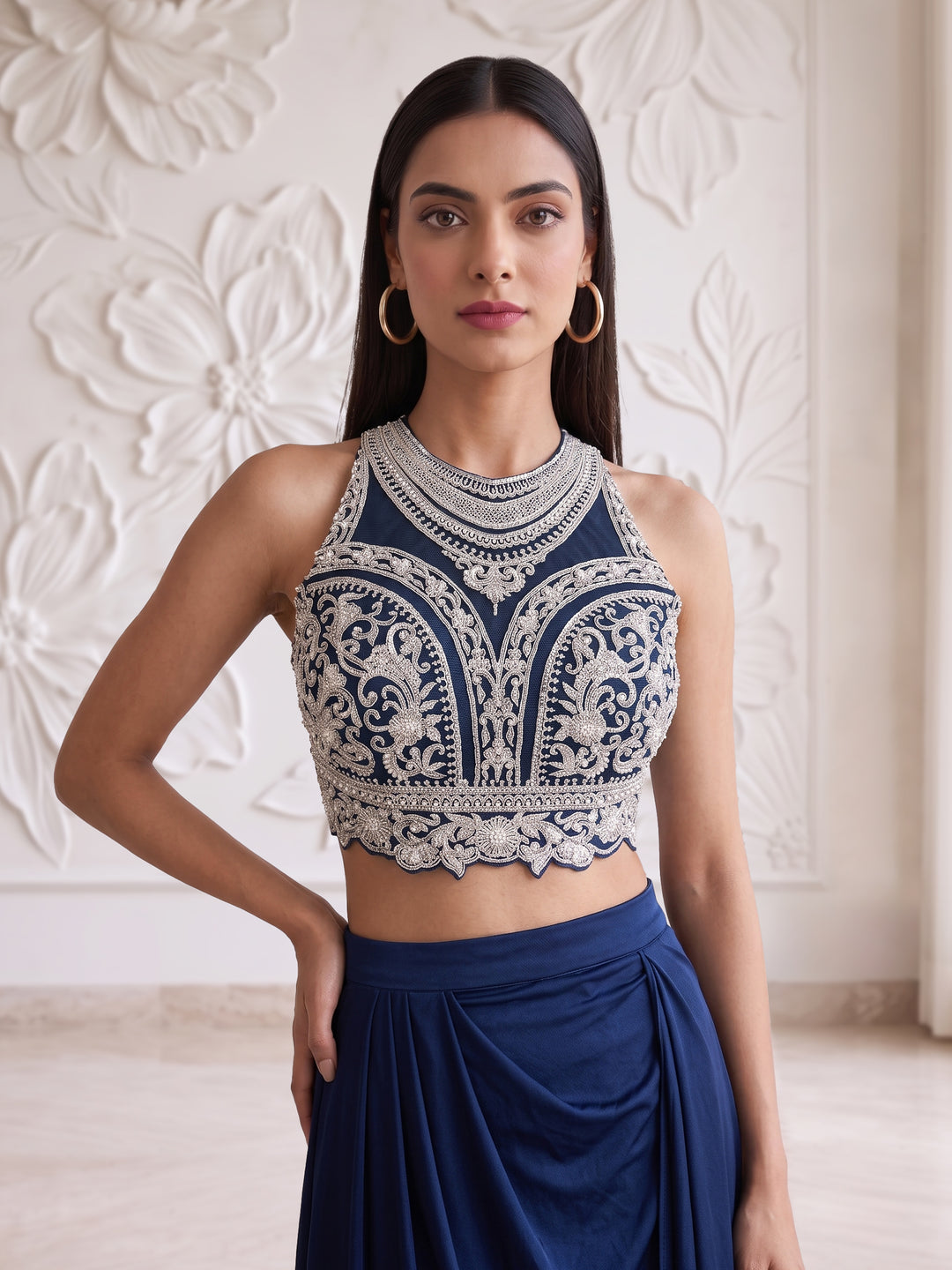 Navy Blue Blouse with Lycra Skirt