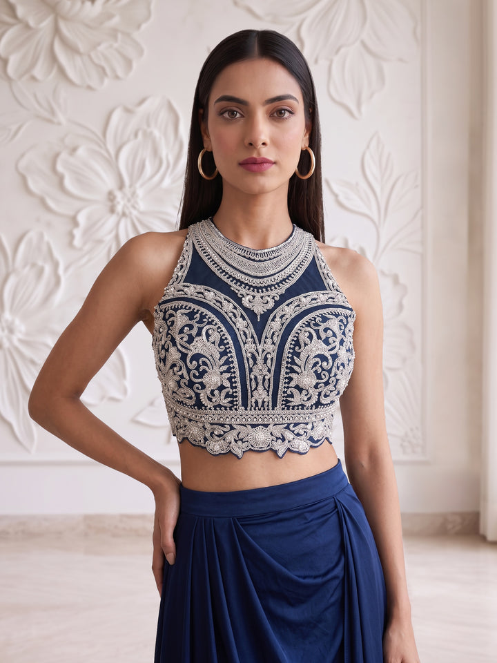 Navy Blue Blouse with Lycra Skirt