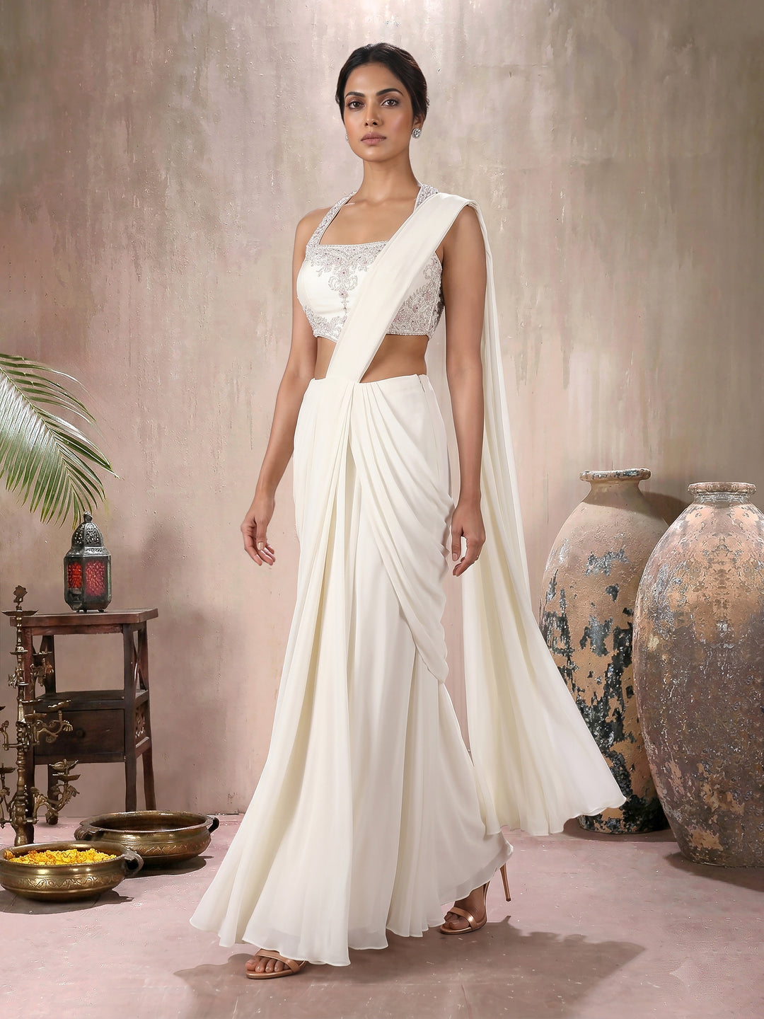 Ivory Halter Blouse with Drape Saree