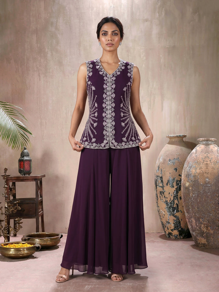 Wine Jacket with Sharara Pant