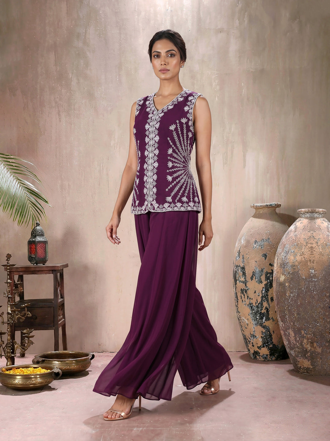 Wine Jacket with Sharara Pant