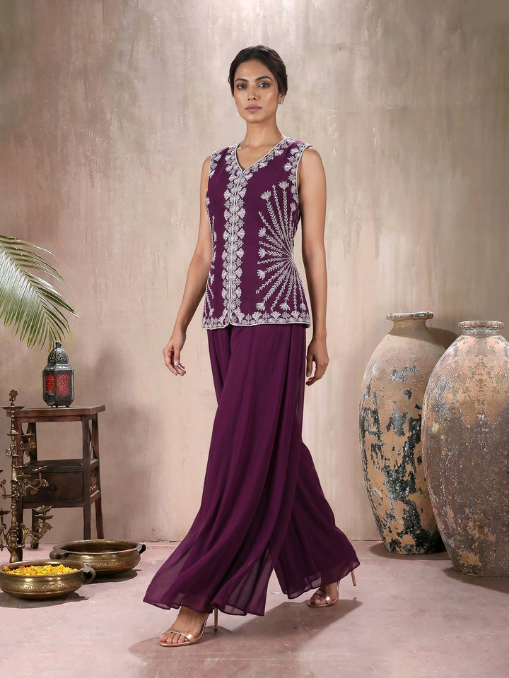 Wine Jacket with Sharara Pant