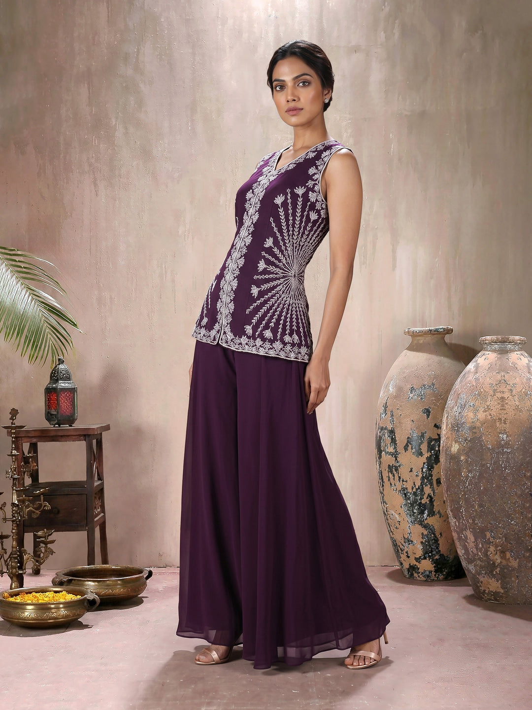 Wine Jacket with Sharara Pant