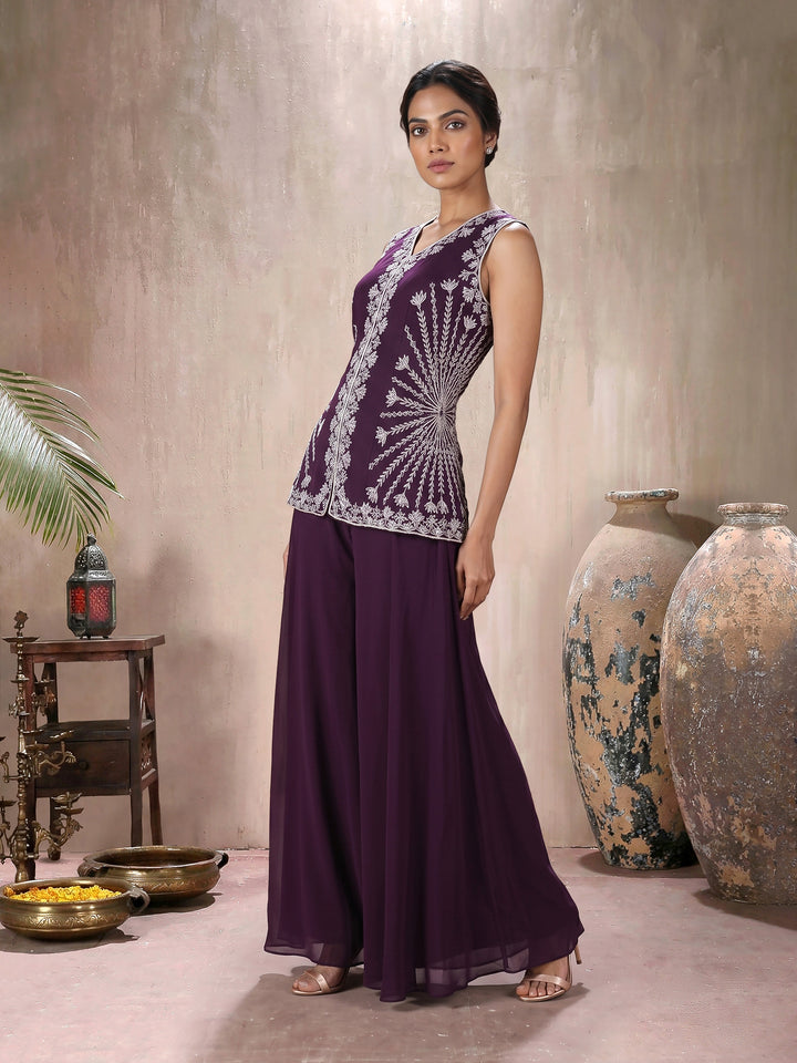 Wine Jacket with Sharara Pant