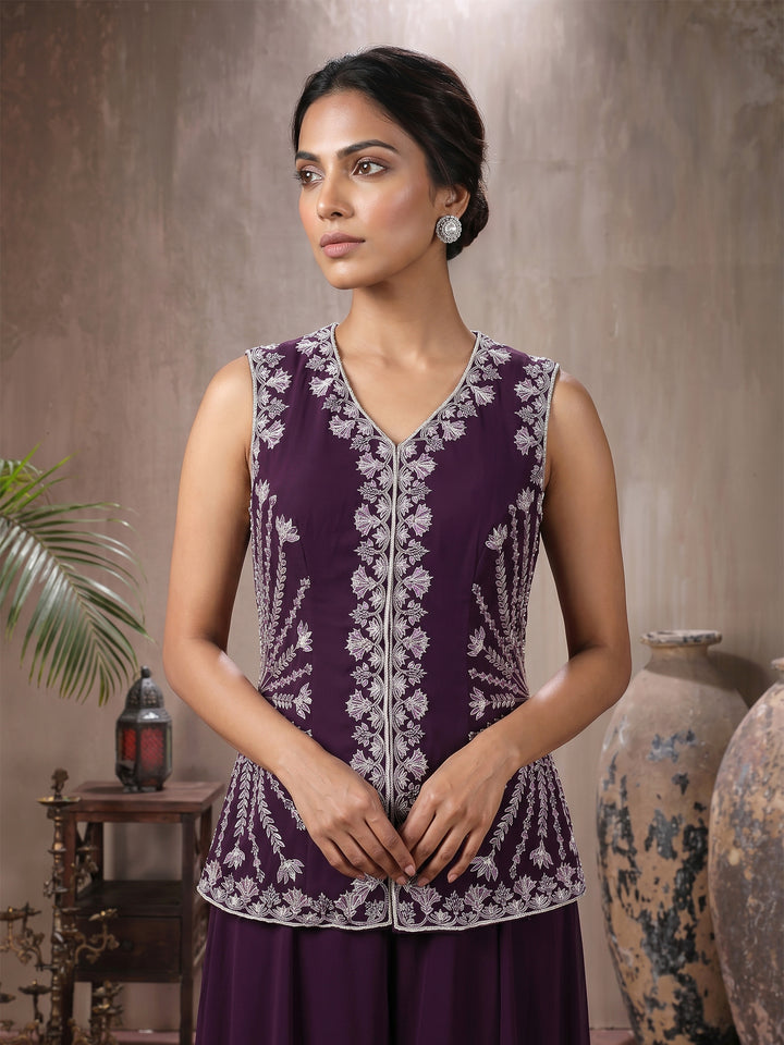 Wine Jacket with Sharara Pant
