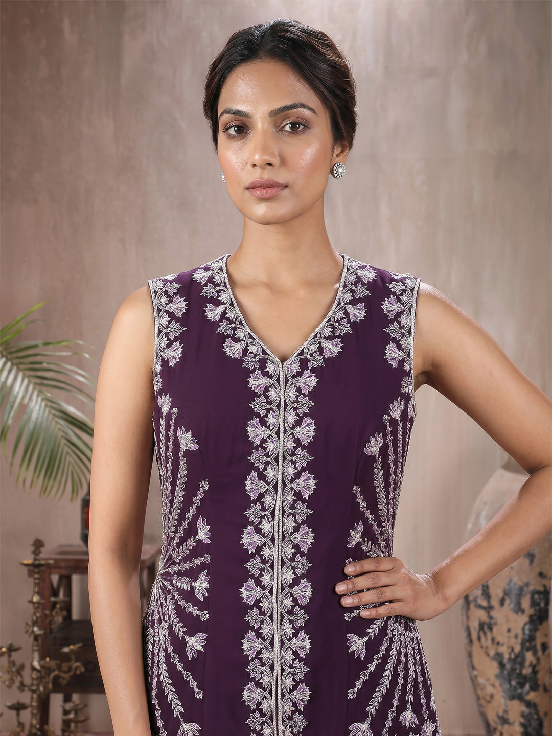 Wine Jacket with Sharara Pant