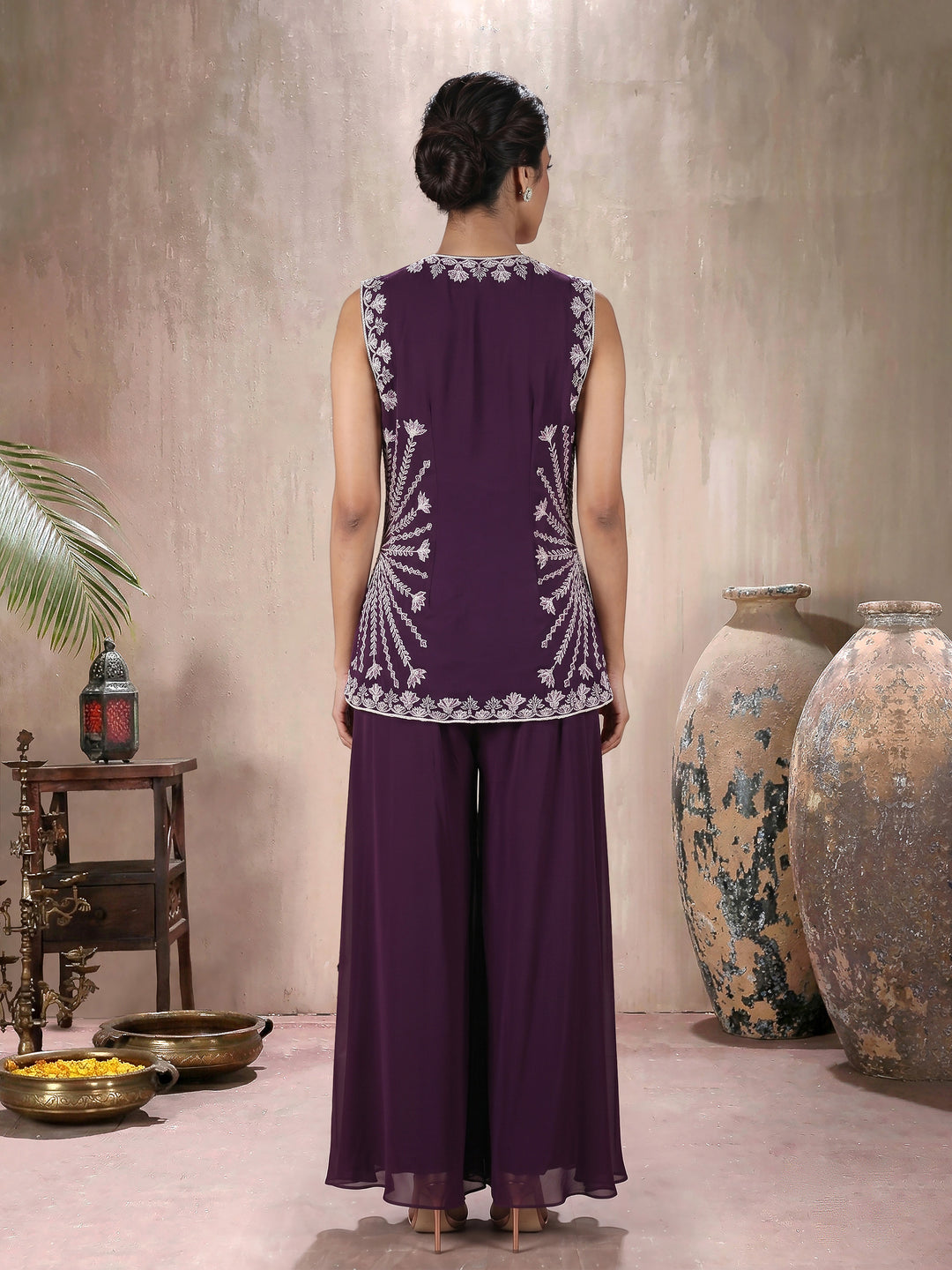 Wine Jacket with Sharara Pant