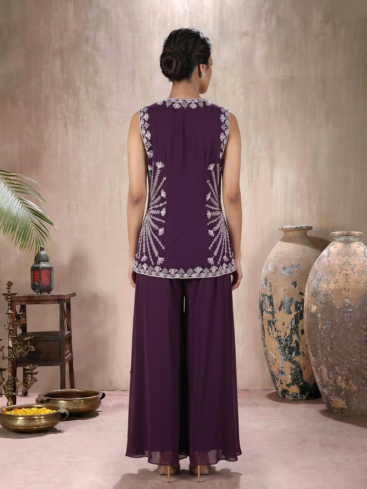 Wine Jacket with Sharara Pant