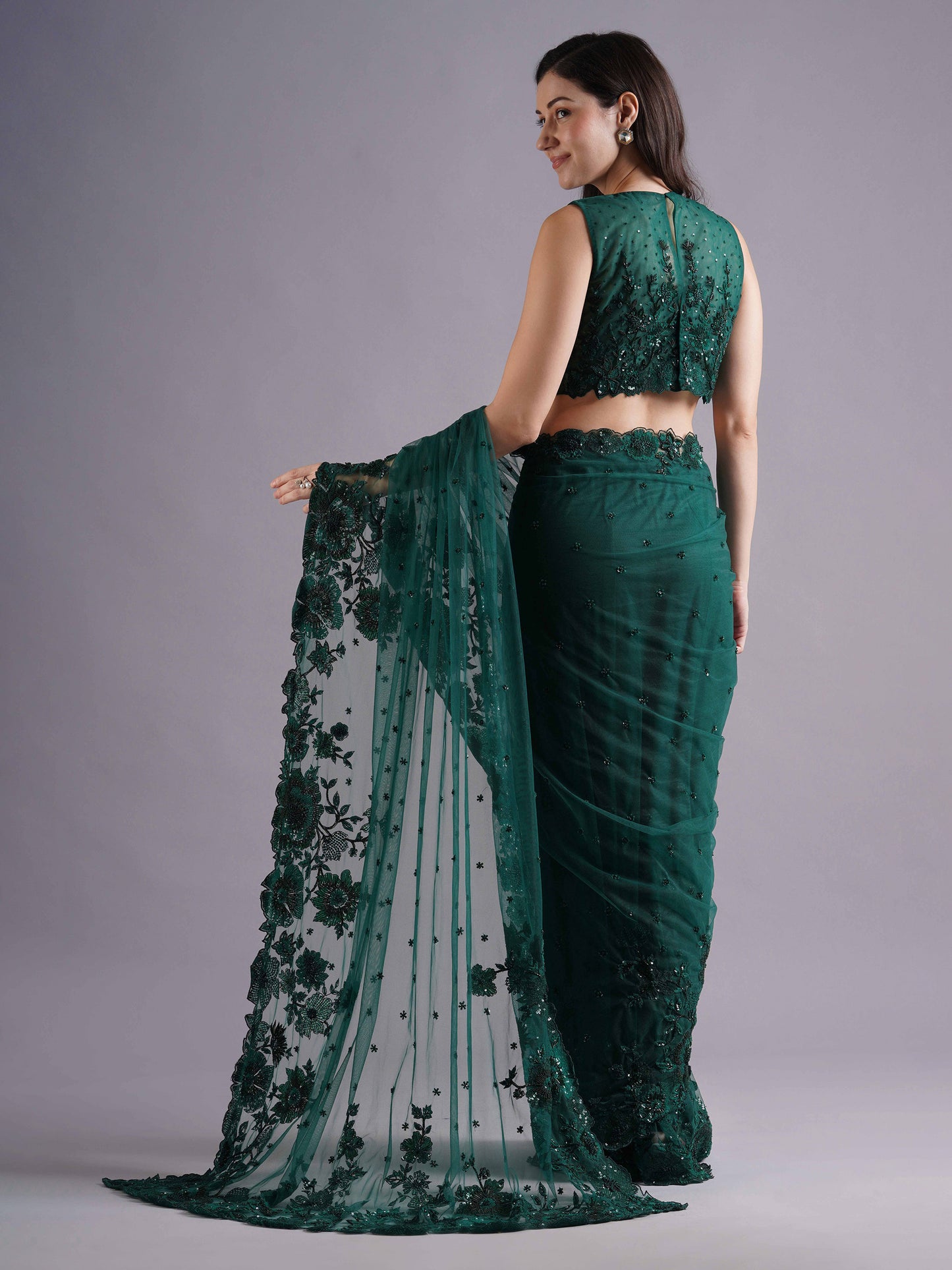 Enchanted Bottle Green Net Saree Set