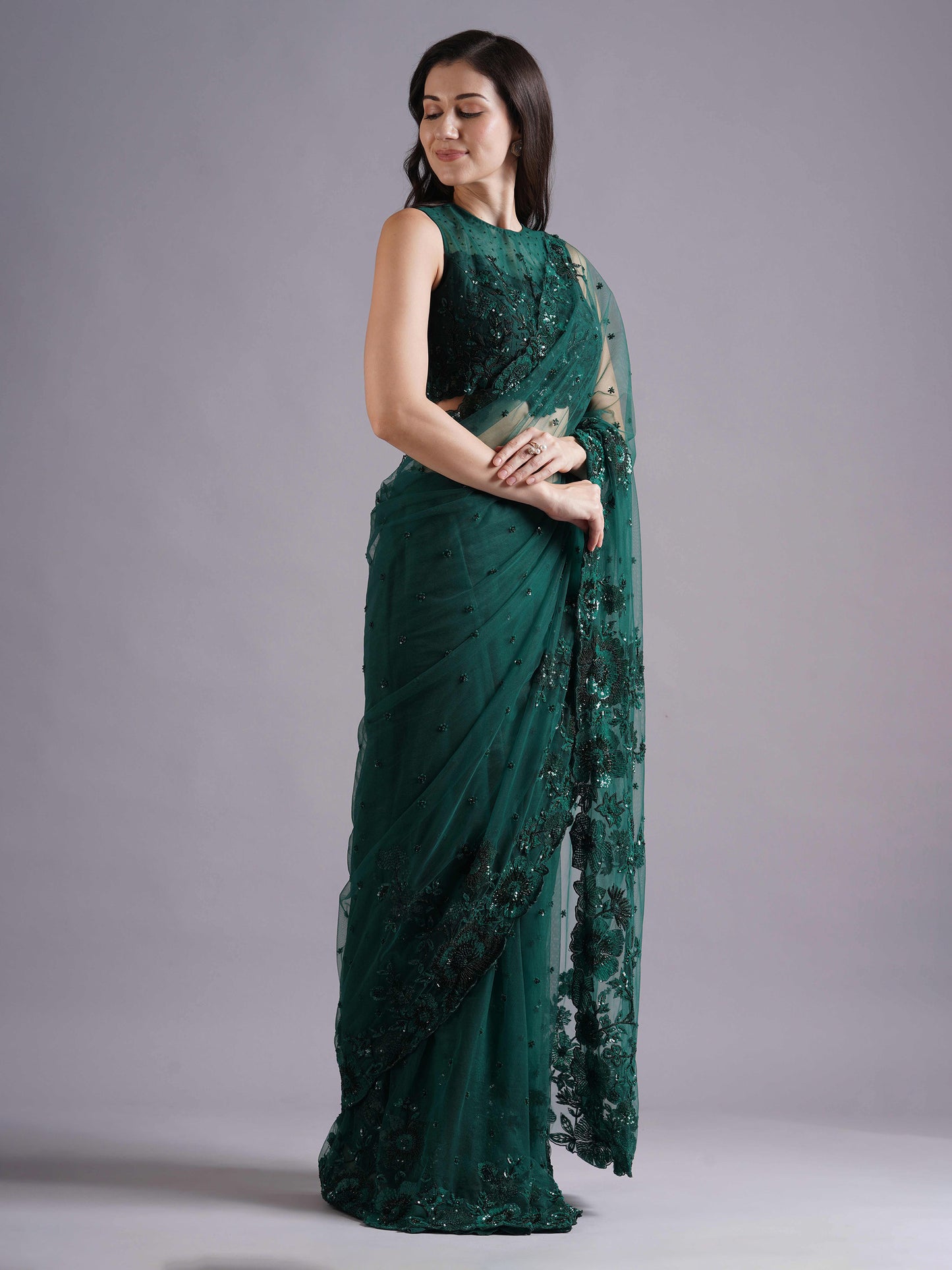 Enchanted Bottle Green Net Saree Set