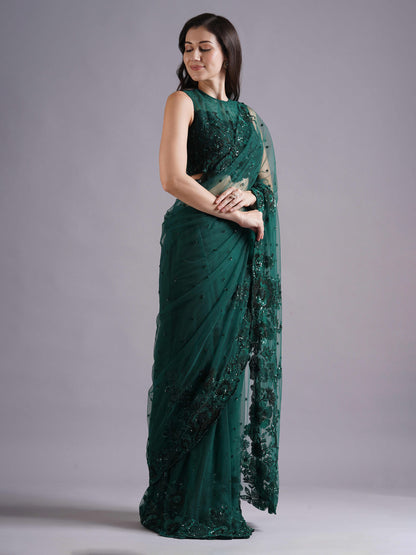 Enchanted Bottle Green Net Saree Set