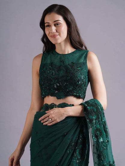 Enchanted Bottle Green Net Saree Set