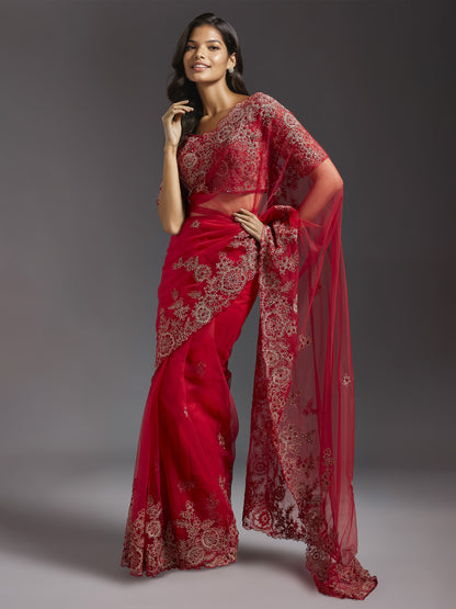 Maroon Net Mirror Work Saree Set