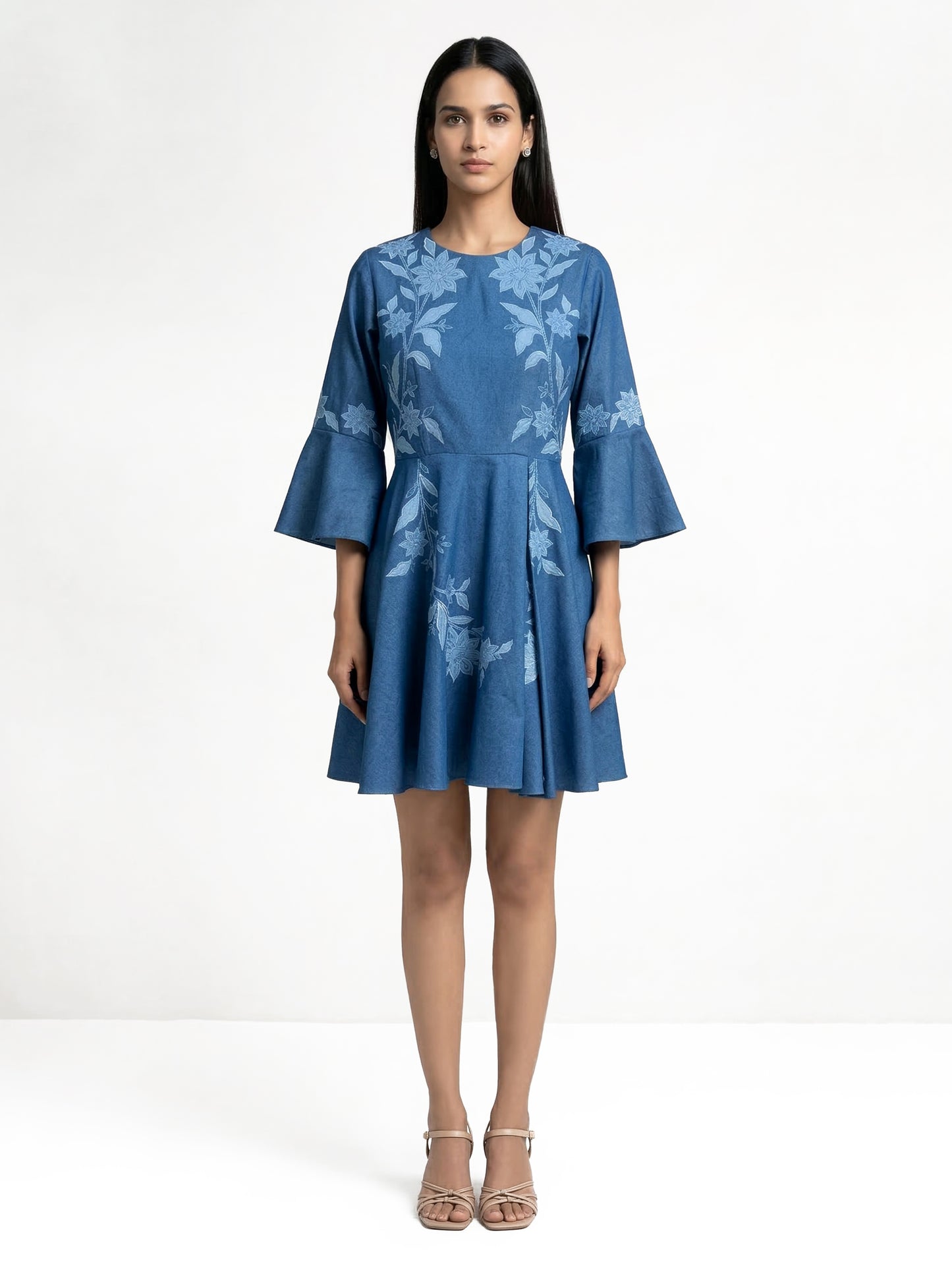 Even Texture Light Blue Denim Applique Dress