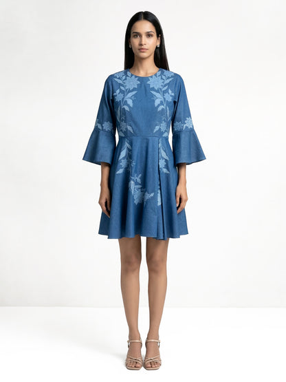 Even Texture Light Blue Denim Applique Dress