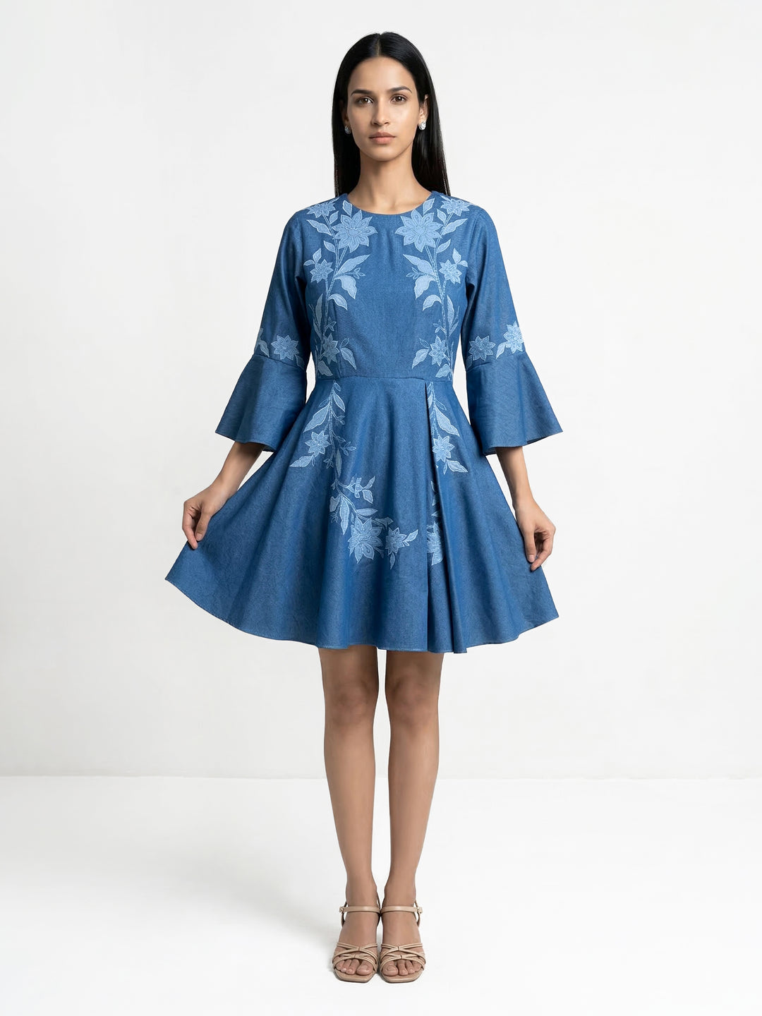 Even Texture Light Blue Denim Applique Dress