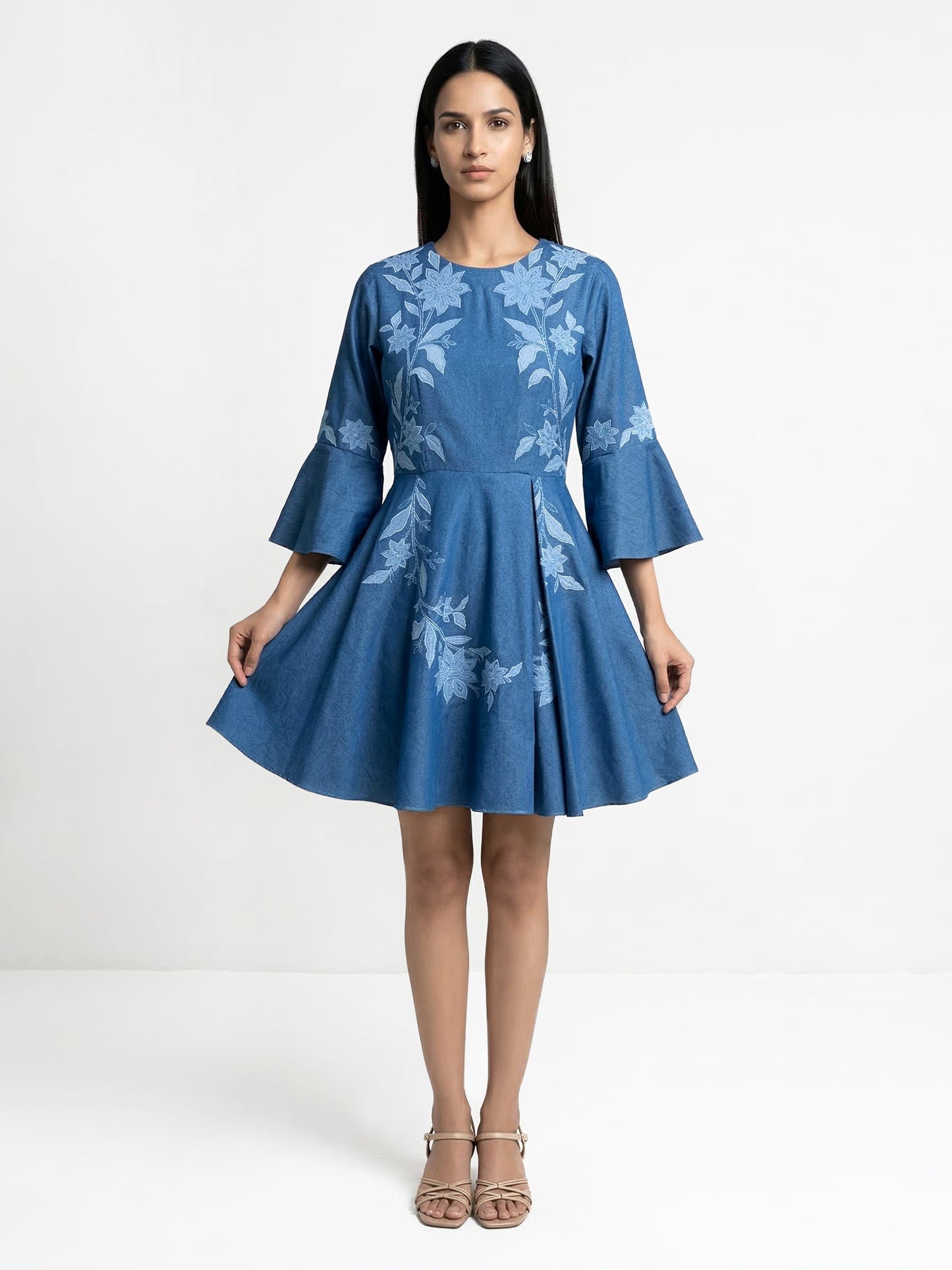 Even Texture Light Blue Denim Applique Dress