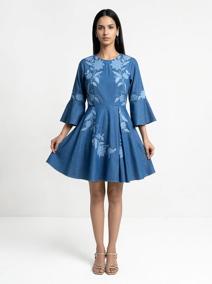 Even Texture Light Blue Denim Applique Dress