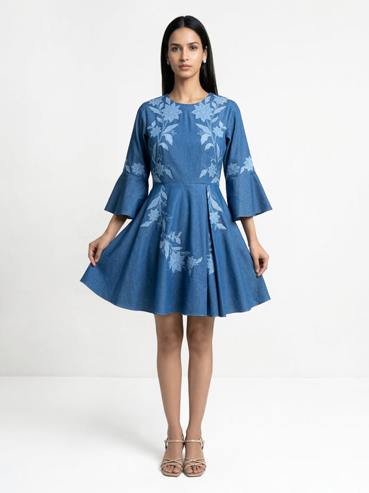 Even Texture Light Blue Denim Applique Dress