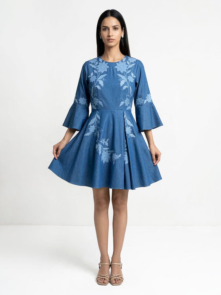 Even Texture Light Blue Denim Applique Dress