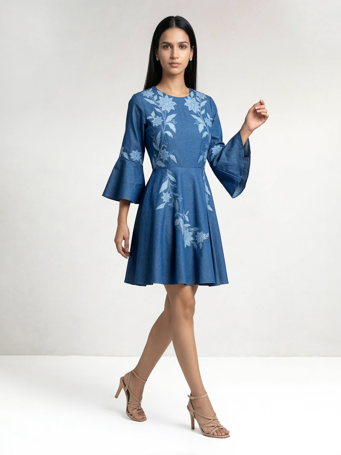 Even Texture Light Blue Denim Applique Dress