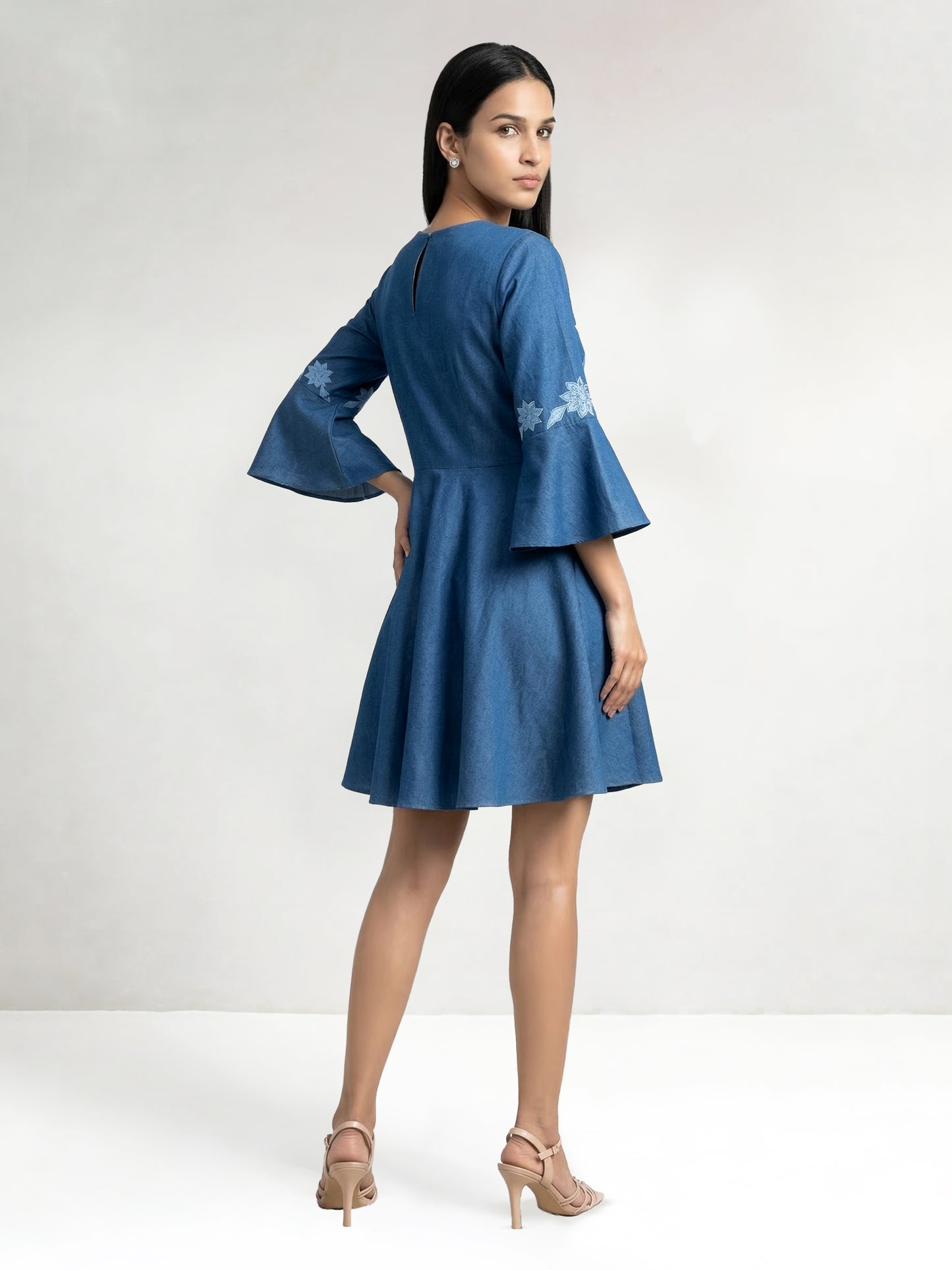 Even Texture Light Blue Denim Applique Dress