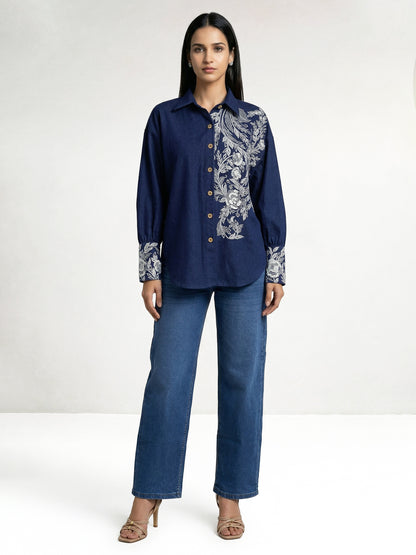 Thick Dark Blue Shirt With Ivory Embroiderey