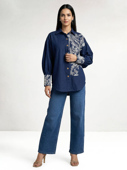 Thick Dark Blue Shirt With Ivory Embroiderey