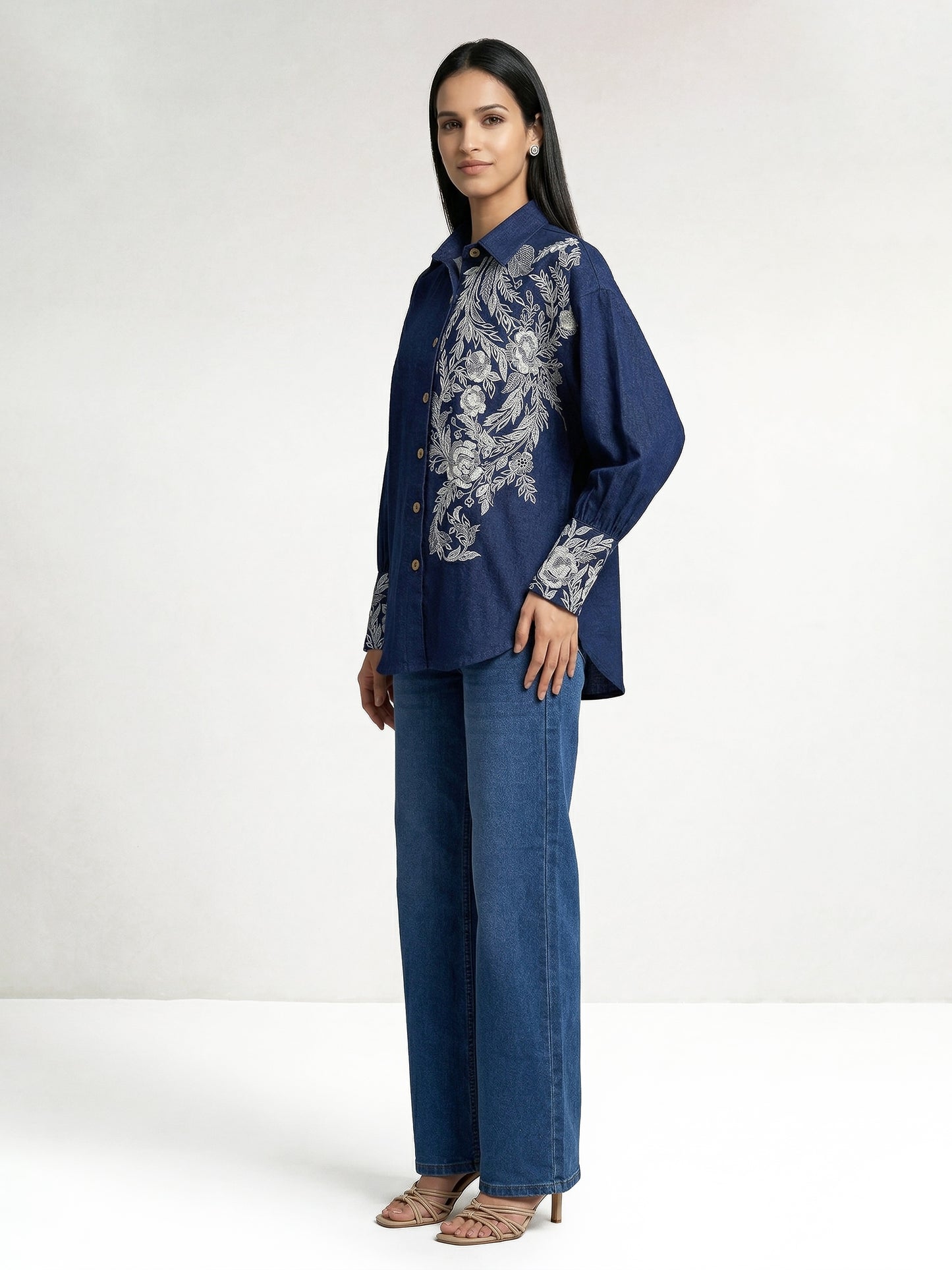 Thick Dark Blue Shirt With Ivory Embroiderey