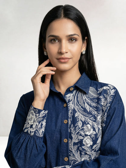 Thick Dark Blue Shirt With Ivory Embroiderey