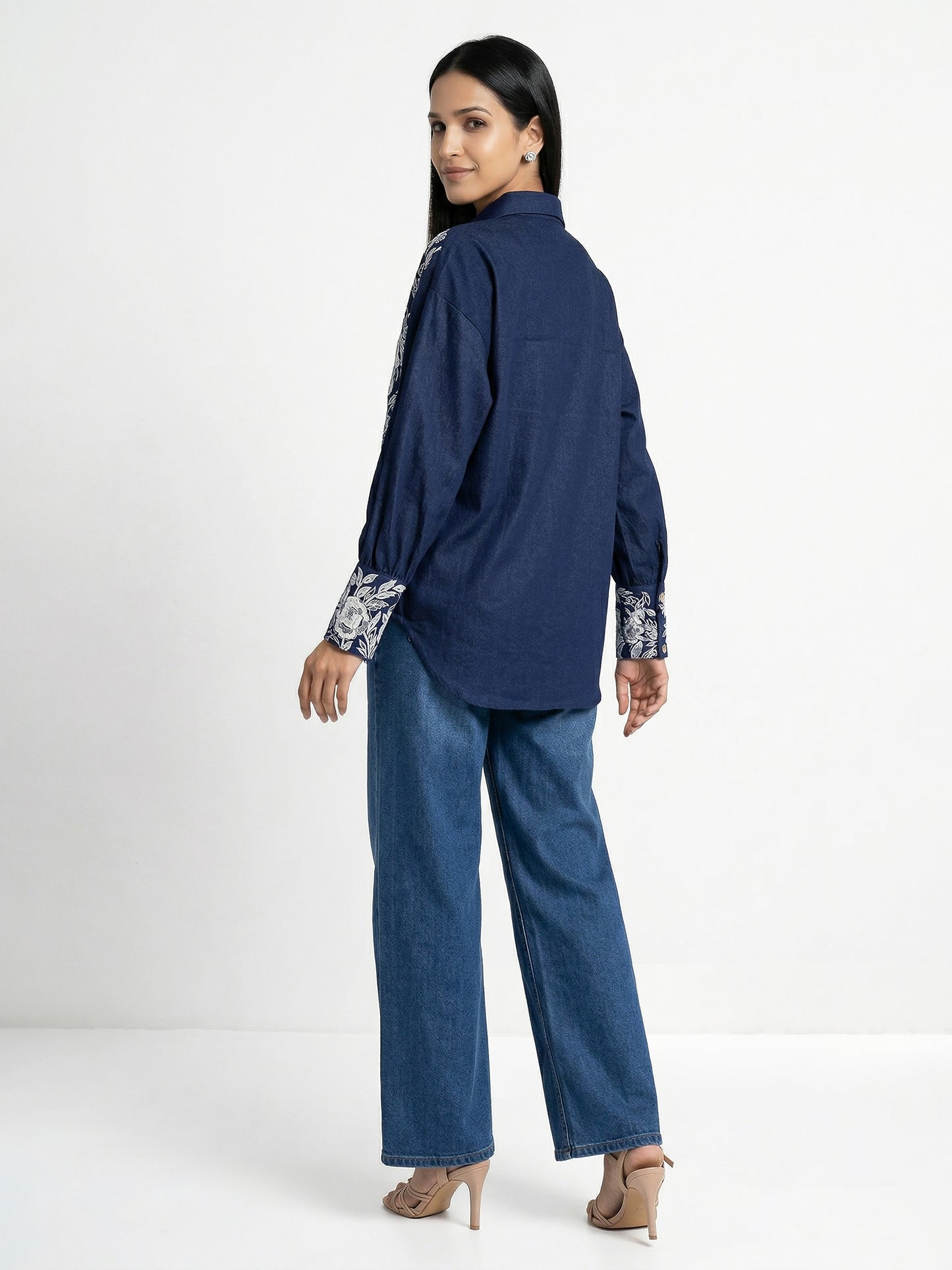 Thick Dark Blue Shirt With Ivory Embroiderey
