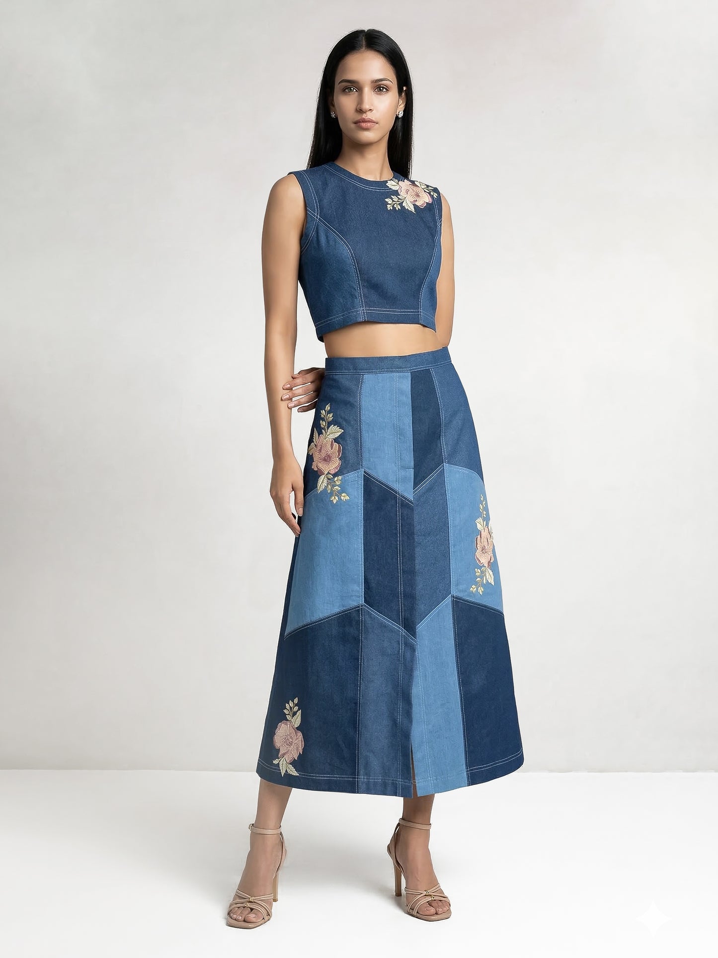 Color Block Blue Denim Applique Top