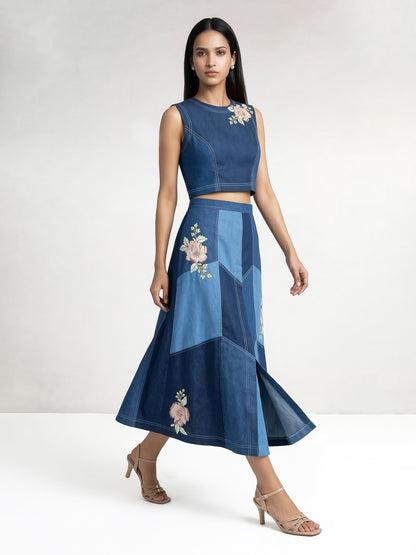 Color Block Blue Denim Applique Midi Skirt