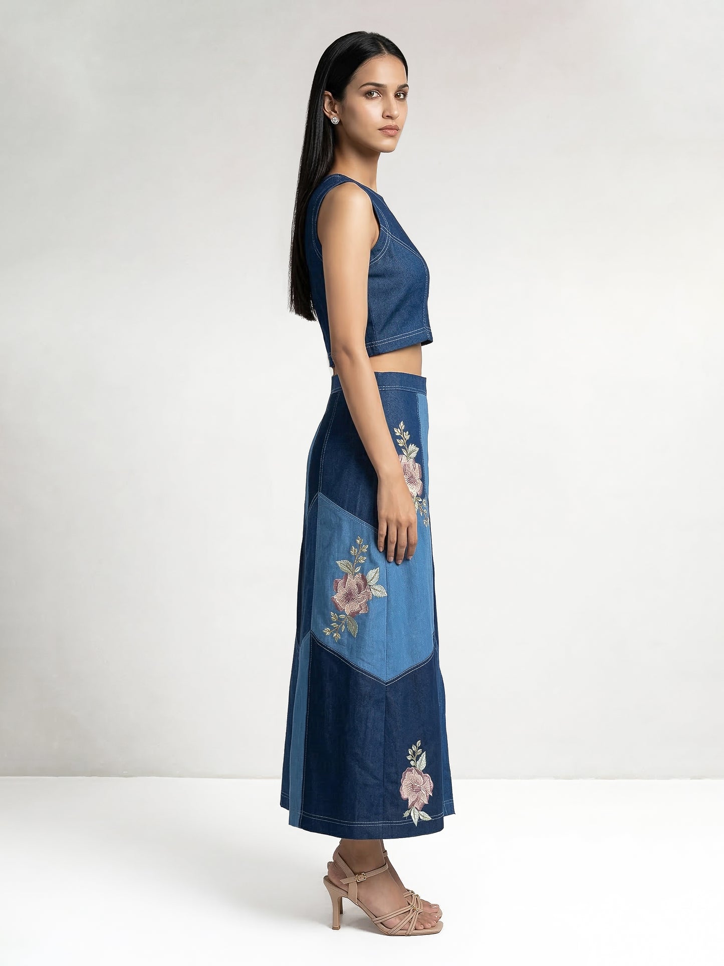 Color Block Blue Denim Applique Co-Ord Set