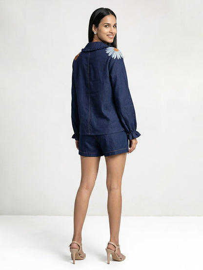 Velvet Textured Dark Blue Embroidered Shirt
