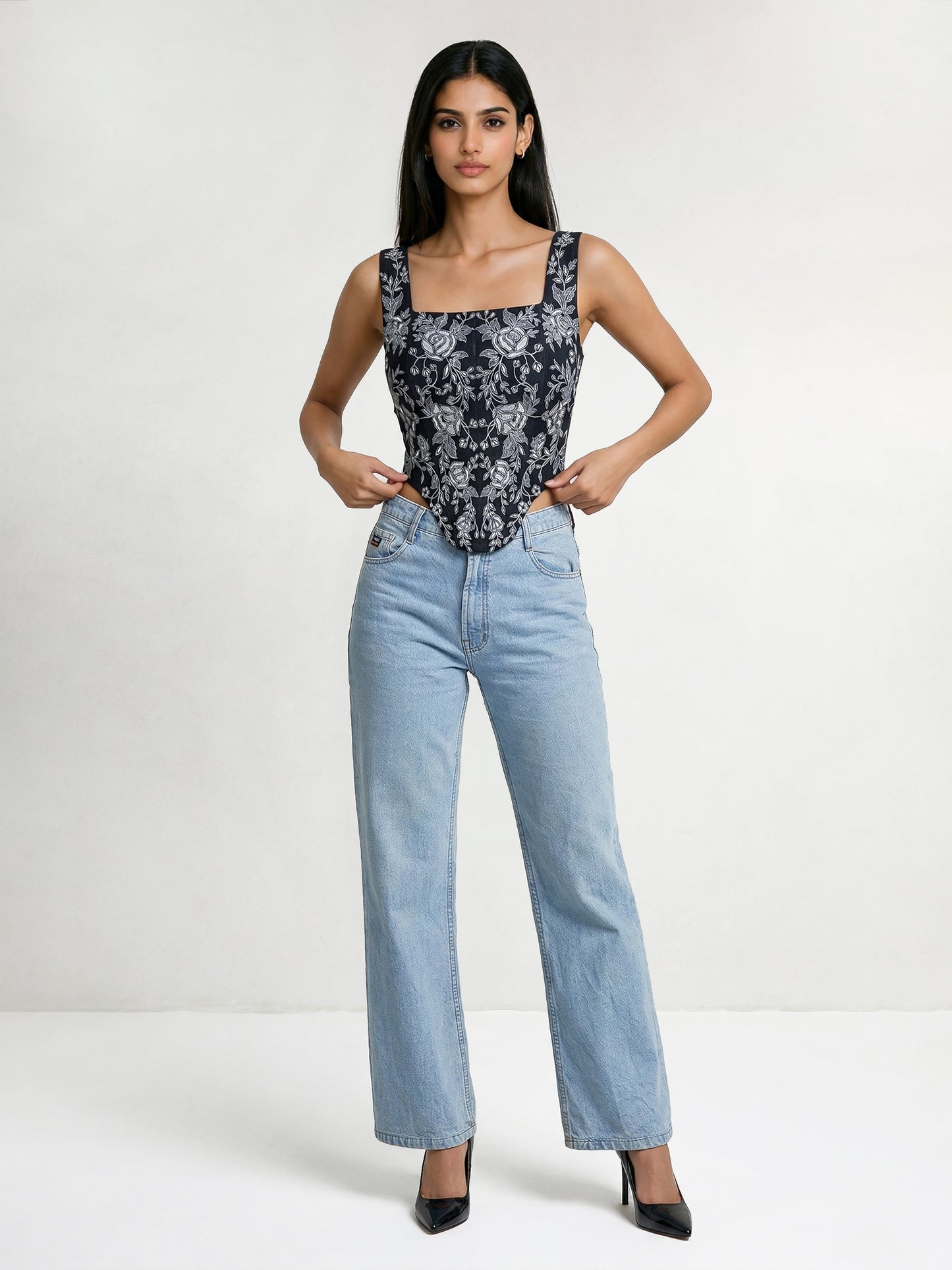 The Black Denim Embroidered Corset